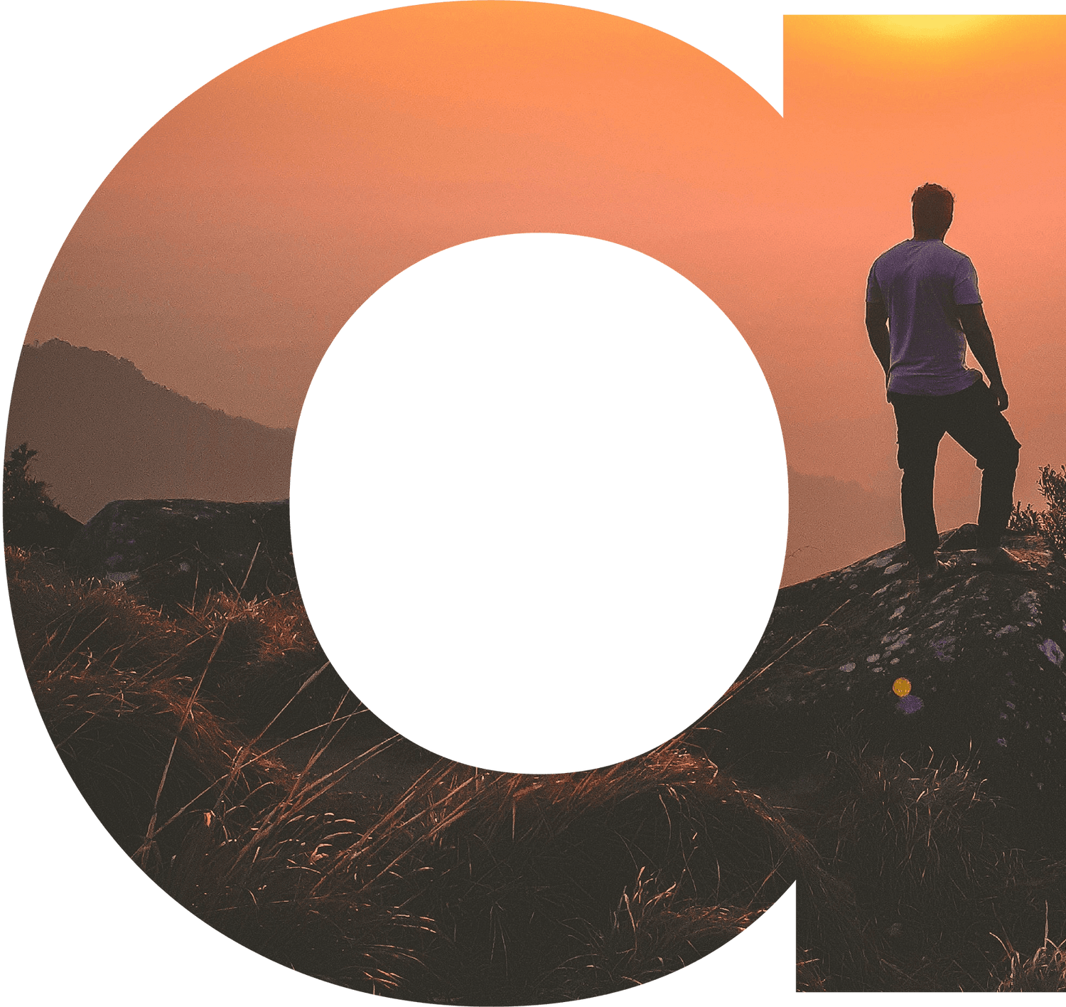 Man standing on mountain at sunset inside a letter 'O' shape with scenic landscape, promoting Goeazy adventures.